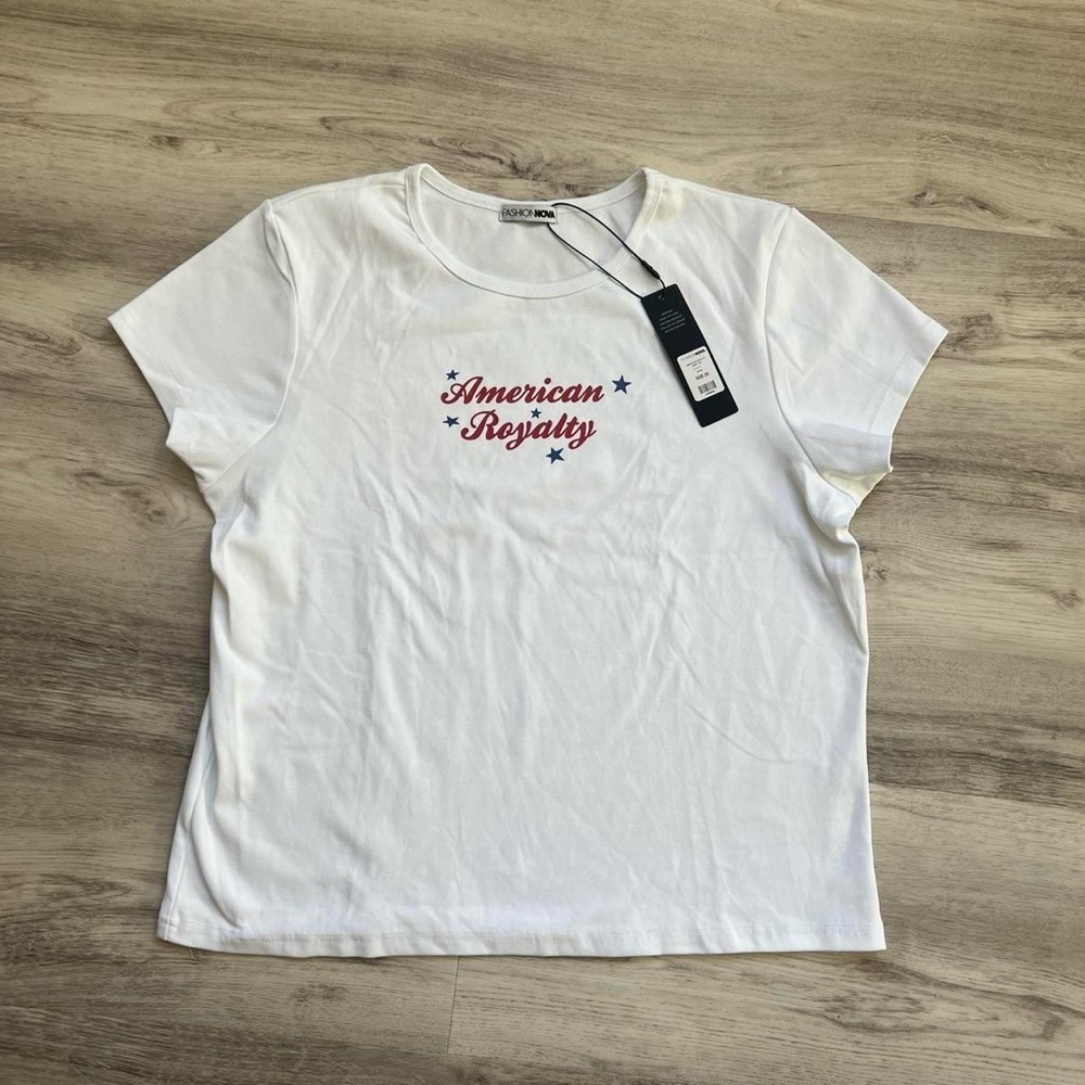 Fashion Nova White Tee with Red and Blue Print